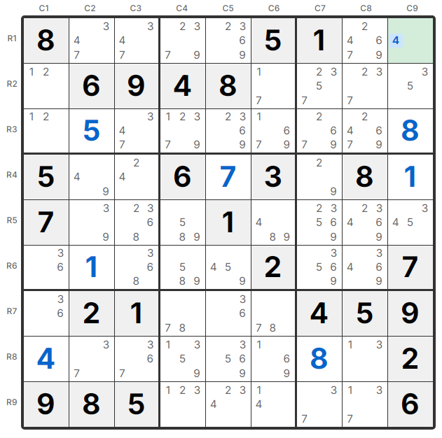 Przykład Nagiego Singla - R1C9 ma tylko kandydata 4