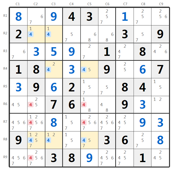 Przykład techniki Swordfish w Sudoku